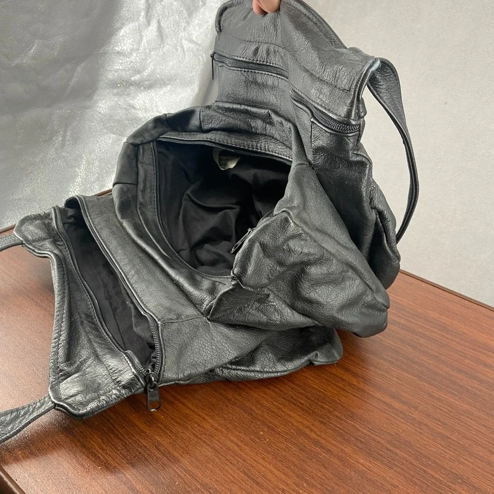 Vintage Unisex Black Leather Multiple Pockets Dual Carry Straps Shoulder Bag